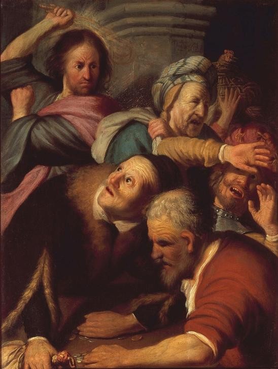 Rembrandt Harmenszoon van Rijn, Jesus treibt die Wechsler aus dem Tempel (Christentum,Geld,Geldwechsler,Handel,Religion,Barock,Neues Testament,Bibel,Niederländische Kunst,Austreibung Der Wechsler,Profanisierung,Holländische Kunst,Händler,Zorn)