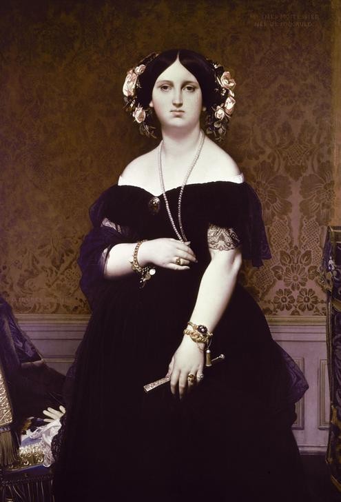 JEAN-AUGUSTE-DOMINIQUE INGRES, Madame Moitessier (Portrait, Dame, Eleganz, Frau, Adel, Fächer, Schmuck, Perlen,    Kopfschmuck, Blütenkranz, Neoklassizismus, Stiftsdame, Malerei, Klassiker, Wohnzimmer,  Wunschgröße)