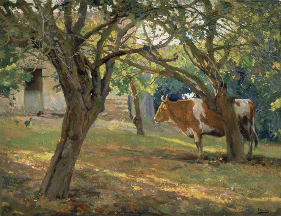 Francisco Llorens Diaz, LA HUERTA DEL SEÑOR JUAN (Kuh Rind, Vieh, Nutztier, Tiere, Garten, Bäume, Realismus, Wunschgröße, Malerei, klassische Moderne, Wohnzimmer, Treppenhaus)
