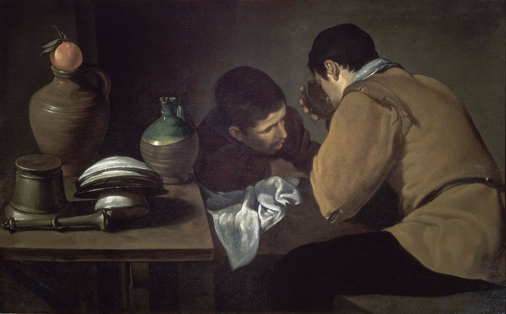 Diego Rodriguez de Silva y Velasquez, Two men seating at a table (Kanne,Mann,Möbel,Trinken,Tisch,Teller,Gefäss,Platte (Geschirr),Alltagskultur,Karaffe,Küchenstillleben,Töpferei,Überfangglas,Krug,Lunch)