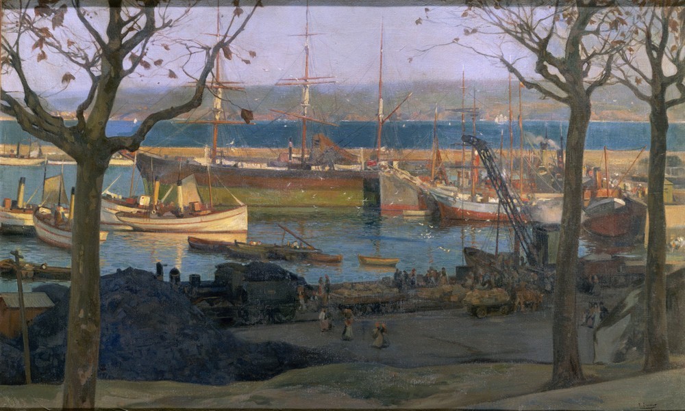 Francisco Llorens Diaz, PUERTO DE LA CORUÑA (Hafen, Industrie, Kohle, verladen, Schiff, Kran, Wirtschaft, klassische Moderne,   Wohnzimmer, Impressionismus, Wunschgröße, Malerei)