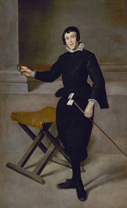 Diego Rodriguez de Silva y Velasquez, The buffoon Calabacillas (Dienstboten,Figurine,Glas,Kunst,Möbel,Windmühle,Barock,Portrait,Schielen,Clown,Klappstuhl,Lächeln,Diener,Dienerin,Sessel,Stuhl,Hauspersonal,Figur,Statuette,Taburett,Spassvogel,Hocker (Sitzmöbel))