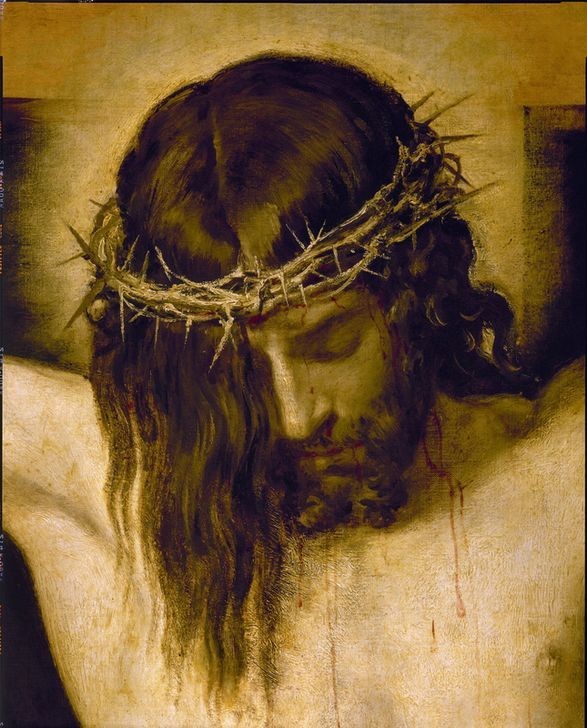 Diego Rodriguez de Silva y Velasquez, Crucified Christ (detail of the head) (Blut,Christentum,Barock,Leidenschaft,Kreuzigung,Dornenkrönung,Blutung,Sanguiniker,Dornenkrone,Kopf,Kultbild)