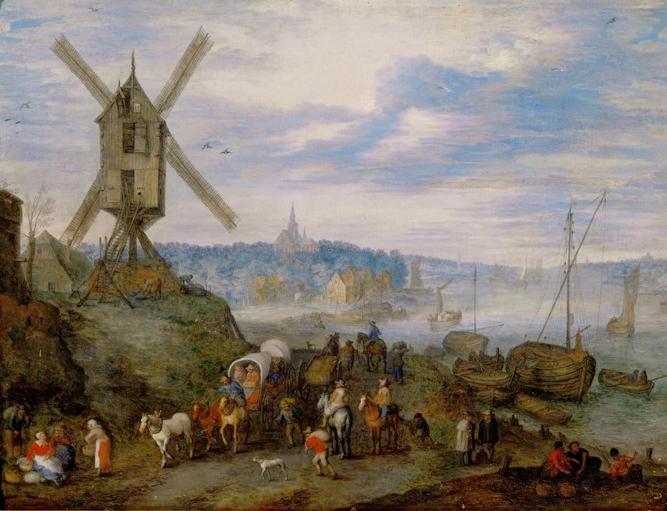 Jan Brueghel der Ältere, Seehafen mit Windmühle (Hafen, Handel, Landschaft, Mühle, Pferdewagen, Schiffe, Transport, Bockwindmühle, Fuhrwerk, Landleben, bäuerlich, Barock, Wunschgröße, Klassiker,   Samtbrueghel, Wohnzimmer)