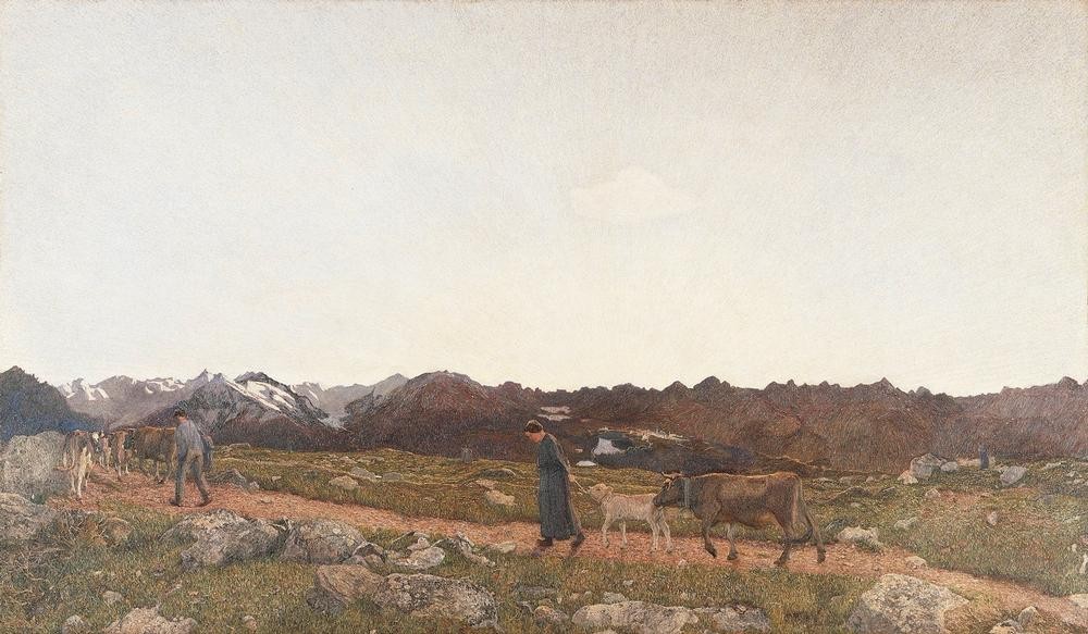 Giovanni Segantini, Alpine Triptych: Nature (Landschaft, Berge, Landweg, Kuhhirten, Bauern, Realismus, Malerei,  klassische Moderne, Wunschgröße, Wohnzimmer)