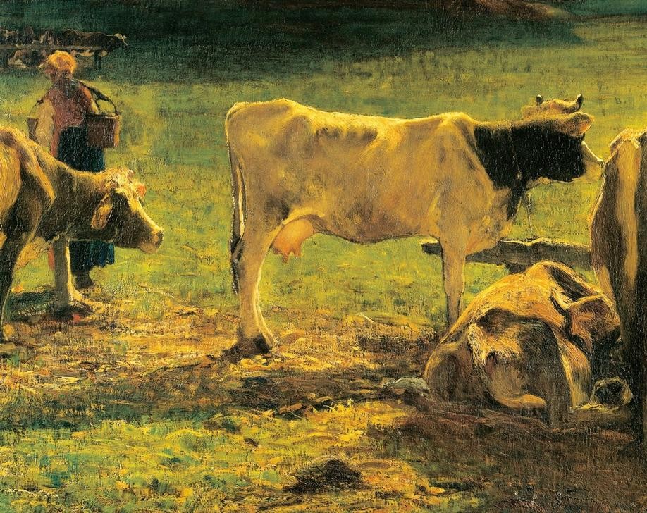 Giovanni Segantini, At the Bar (Landschaft, Viehweide, Fütterung, Kühe, Bäuerin, Landwirtschaft, Realismus, Malerei, klassische Moderne, Wunschgröße, Wohnzimmer)