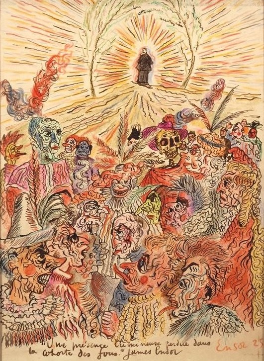 James Ensor, Une présence lumineuse perdue dans la cohorte des fous (Christentum,Feste,Gesellschaftliches Leben,Kalenderfeste,Karikatur,Kunst,Maskerade,Mensch,Religion,Tod,Totentanz,Skelett,Symbolismus,Kostüm (Verkleidung),Knochenmann,Vision,Expressionismus,Phantastische Kunst,Licht,Menschenmenge,Belgische Kunst,Zunge Hera)