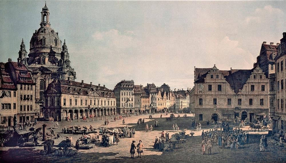 Bernardo Bellotto, New Market Square in Dresden (Marktplatz, Dresden, Architektur, Gebäude, Vedute, mittelalterliche Stadt, Palast, historisch, Rokoko, Malerei, Wohnzimmer, Wunschgröße, Klassiker, bunt)