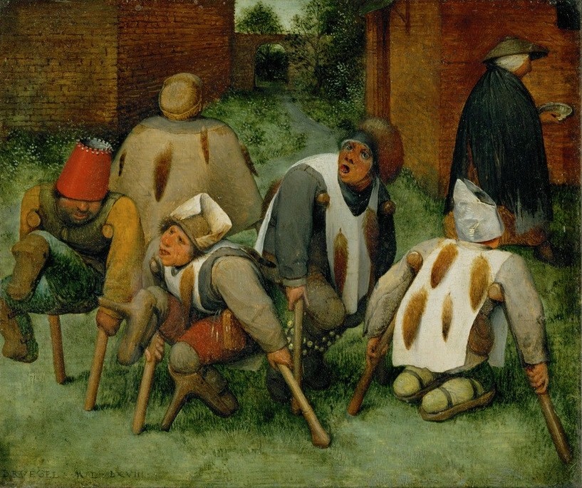Pieter Brueghel der Ältere, Die Krüppel (Armut,Gesellschaft,Geschichte,Krankheit,Krücken,Lepra,Medizin,Prothese,Soziales,Renaissance,Behinderte,Niederländische Kunst,Bettler,Behinderter,Lumpen,Kranker,Aussenseiter,Krüppel,Beinprothese,Behinderung,Alltag)