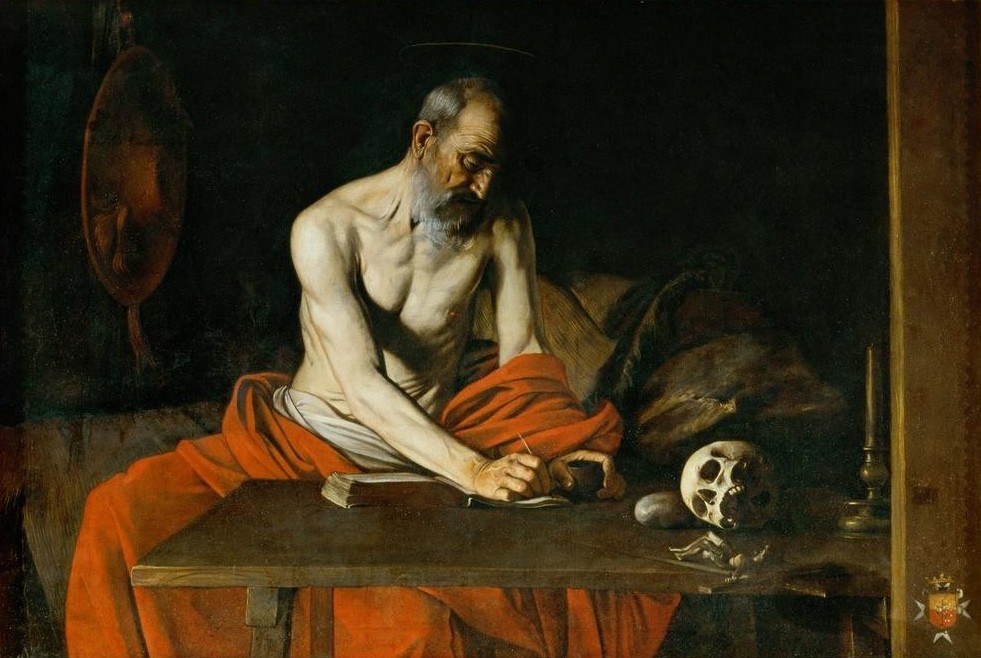 Caravaggio, Der heilige Hieronymus (Heiliger, Greis, Schädel, Kirchenvater, Totenkopf, Halbakt, Buße, Hell-Dunkel, Barock, Klassiker, Malerei, Wunschgröße, Wohnzimmer)