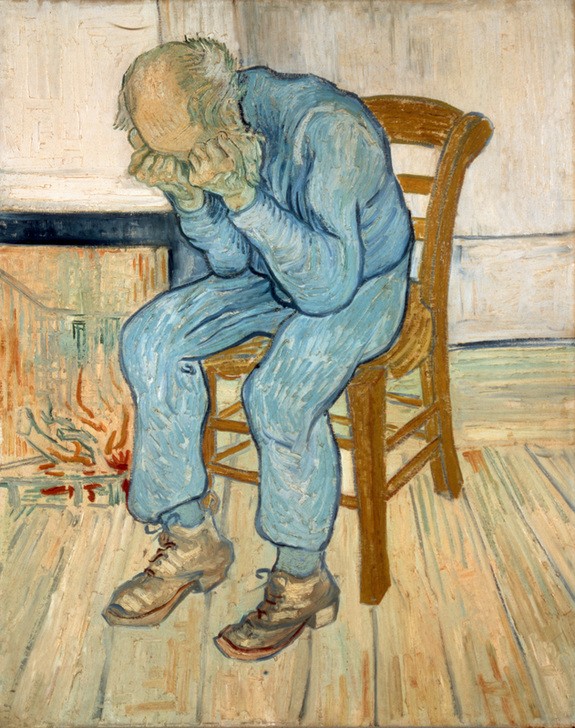 Vincent van Gogh, Trauernder alter Mann (Mann,Alter,Impressionismus,Trauer,Portrait,Greis,Depression,Gestik,Expressionismus,Weinen,Einsamkeit,Niederländische Kunst,Stuhl,Alter Mann,Sitzen,Kopf Stützen,Ganzfigurig)