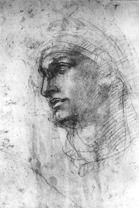 MICHELANGELO BUONARROTI, Kopfstudie (Portrait, Kopf, Mann, Skizze, Profil, Zeichnung, Klassiker, Renaissance, Wunschgröße, schwarz/weiß)