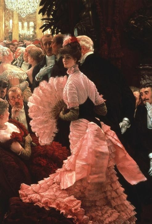 James Tissot (Jacques-Joseph), The Reception (Ball (Gesellschaft),Damenmode,Ehepaar,Fächer,Feste,Frau,Gesellschaftliches Leben,Handschuh,Mann,Mode,Ungleiches Paar,Schönheit,Alter,Gründerzeit,Salonmalerei,Ballkleid,Soiree,Französische Kunst,Empfang,Jugend Und Alter,Paar,Frauenleben,Rüschen,Junge Frau,)