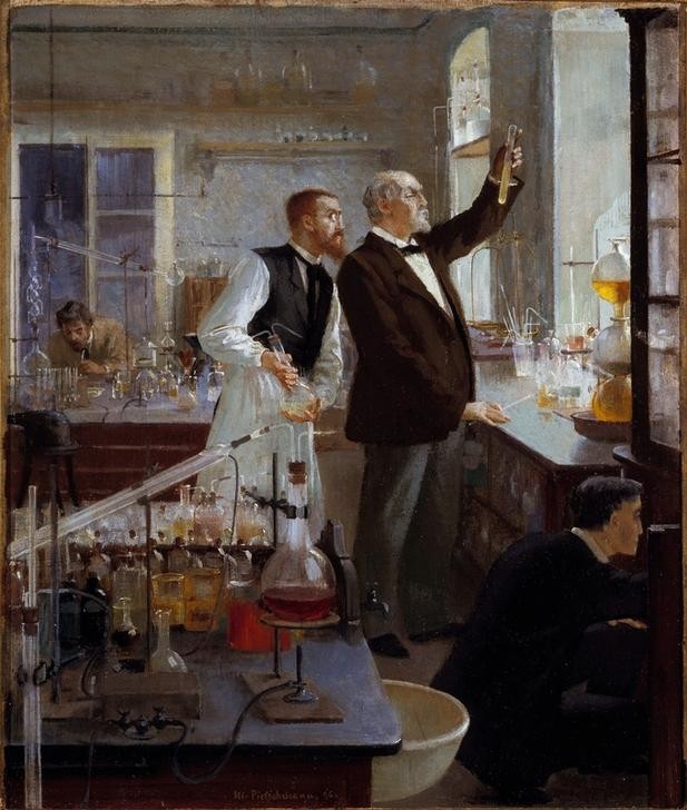 Max Pietschmann, Robert Koch im Labor (Labor, Naturwissenschaften, Lehre, Mediziner, Chemie, Mikrobiologie, Physik, Experiment, Persönlichkeiten, Robert Koch, Forschung, Interieur,Realismus, Wunschgröße, Klassische Moderne, Wohnzimmer)