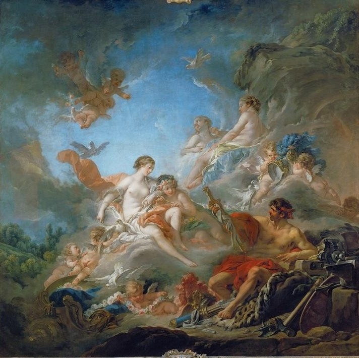 Francois Boucher, Venus in der Schmiede des Vulkan (Krieg,Landschaft,Mythologie,Schmied,Vulkan,Römisch,Rokoko,Allegorie,Trojanischer Krieg,Französische Kunst,Götter,Göttin,Amorette,Gott,Griechisch-Römische Mythologie,Waffenschmied,Gewerbe,Mythos)
