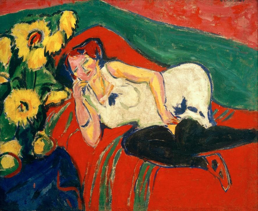 Ernst Ludwig Kirchner, Liegende Frau in weißem Hemd (Bett,Deutsche Kunst,Erotik,Frau,Kunst,Mensch,Strumpf,Unterwäsche (Damen),Portrait,Expressionismus,Blumenstrauss,Die Brücke,Unterhemd,Hemd,Rote Haare,Unterkleid,Damenstrumpf,Blume,Liegen)