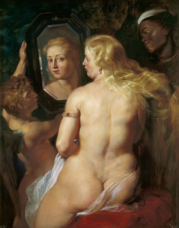 Peter Paul Rubens, Die Toilette der Venus (Erotik,Fettleibigkeit,Flämische Kunst,Frau,Kunst,Mädchen,Mythologie,Schmuck,Spiegel,Toilette (Körperpflege),Schönheit,Barock,Akt,Po (Gesäss),Putto,Portrait,Armreif,Schwarze,Rückenakt,Rückenfigur,Niederländische Kunst,Genius,Eitelkeit,Spiegelbild,Nacktheit)