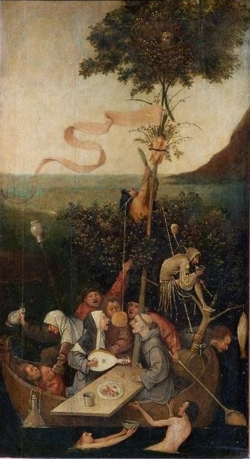Hieronymus Bosch, Das Narrenschiff (Geistlicher,Satire,Kirche,Laute,Musiker,Musik,Narr,Ruderboot,Schiff,Instrument,Renaissance,Allegorie,Klerus,Nonne,Mönch,Vanitas,Clown,Phantastische Kunst,Niederländische Kunst,Hofnarr,Gesellschaftskritik,Antiklerikalismus,Narrenschiff,Lautenspieler,Lauten)