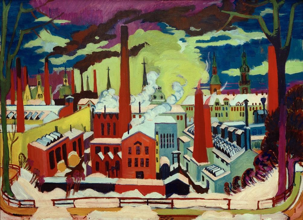 Ernst Ludwig Kirchner, Chemnitzer Fabriken (Deutsche Kunst,Geographie,Industrie,Kunst,Maschinenbau,Weimarer Republik,Wirtschaft (Ökonomie),Schornstein,Luftverschmutzung,Expressionismus,Fabrik,Vedute,Architekturdarstellung,Die Brücke,Umweltverschmutzung,Sächsische Maschinenfabrik,Emission,Industriel)