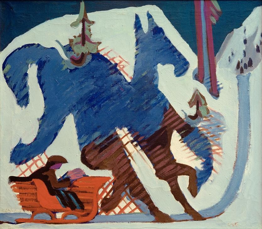 Ernst Ludwig Kirchner, Schlittenfahrt (Deutsche Kunst,Jahreszeiten,Kunst,Pferdeschlitten,Verkehr,Winter,Schnee,Expressionismus,Schlitten,Die Brücke)
