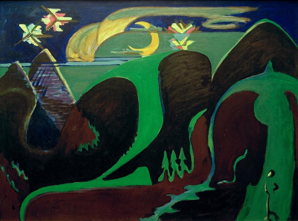 Ernst Ludwig Kirchner, Nächtliche Fantasielandschaft (Deutsche Kunst,Kunst,Landschaft,Mond,Nacht,Expressionismus,Phantastische Kunst,Die Brücke,Mondsichel,Grün,Schwarz,Mondschein)