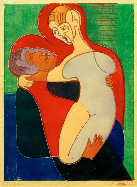 Ernst Ludwig Kirchner, Liebespaar (Die Hembusse) (Deutsche Kunst,Ehepaar,Kunst,Liebe Und Ehe,Liebespaar,Mensch,Portrait,Expressionismus,Umarmung,Die Brücke,Paar,Zärtlichkeit,Doppelportrait,Auf Dem Schoss Sitzen)