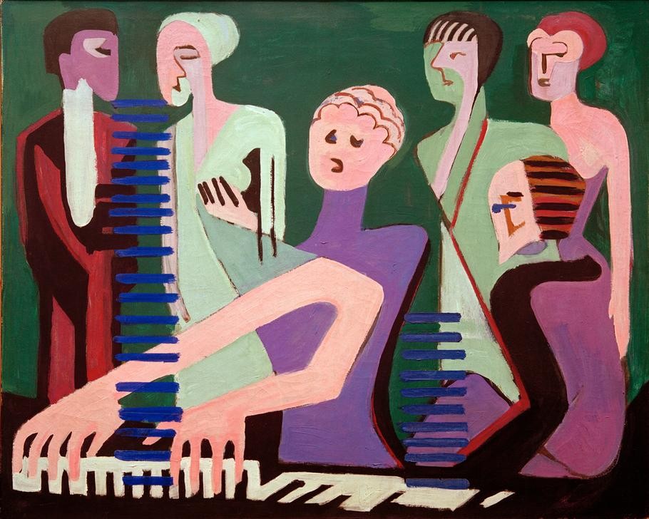 Ernst Ludwig Kirchner, Sängerin am Piano (Deutsche Kunst,Frau,Gesang,Gesellschaftliches Leben,Geschichte,Hausmusik,Kunst,Musik,Sängerin,Instrument,Expressionismus,Klavier,Soiree,Die Brücke,Publikum,Singen,Klavierspiel)