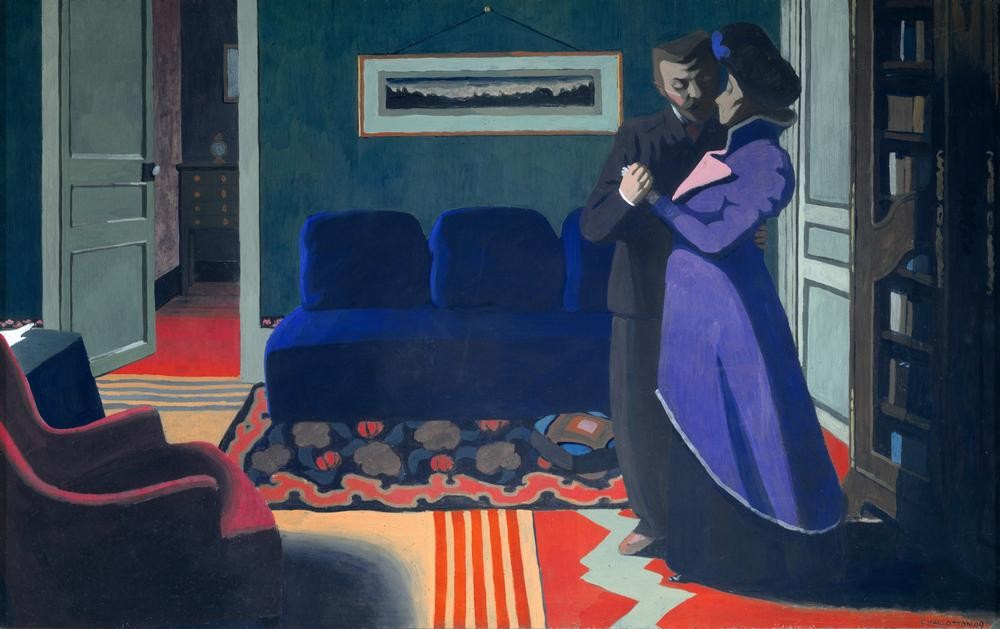 Felix Vallotton, La Visite (Besuch,Gesellschaftliches Leben,Liebespaar,Möbel,Wohnzimmer,Zimmermann,Begrüssung,Interieur,Sofa,Französische Kunst,Schweizerische Kunst,Paar,Tischler,Blau,Nabis,Jahrhundertwende,Gewerbe)