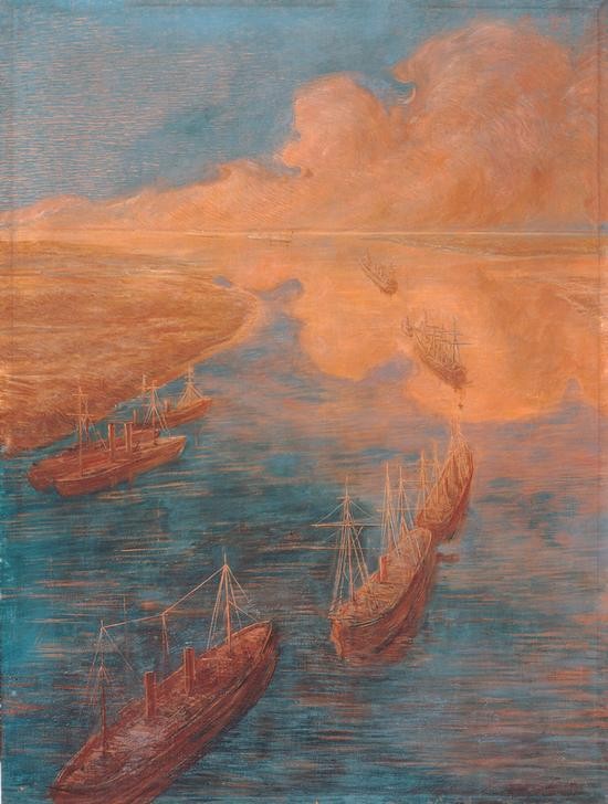 Gaetano Previati, Suez Canal (Landschaft, Kanal, Suez, Schiffe, Boote, Horizont, Wolken, Symbolismus, Malerei, Klassische Moderne, Wunschgröße, Wohnzimmer)