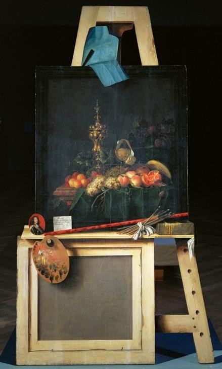 Cornelis Norbertus Gysbrechts, Staffelei des Malers mit Früchtestilleben (Atelier,Kunst,Maler (Künstler),Staffelei,Barock,Bild Im Bild,Palette,Trompe L'oeil,Niederländische Kunst,Pinsel)