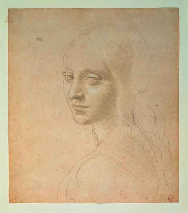 Leonardo da Vinci,  Kopfstudie einer jungen Frau (Engel,Frau,Kunst,Mensch,Schönheit,Renaissance,Schatten,Lampe,Portrait,Studie,Felsengrottenmadonna,Italienische Kunst,Kopfstudie,Lächeln,Gesicht,Nahaufnahme,Vertikale,Frisur)