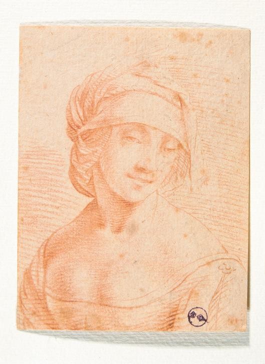 Leonardo da Vinci, Kopf einer jungen Frau (Frau,Lombardische Kunst,Schönheit,Renaissance,Dekollete,Busen,Schatten,Lampe,Portrait,Page,Italienische Kunst,Lächeln,Kopfschmuck,Anmut,Büste,Junge Frau,Frontalansicht,Verführerisch,Vertikale)