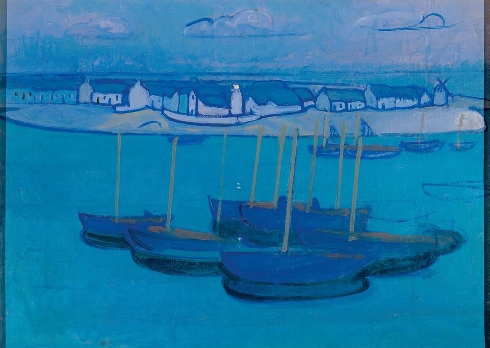 Rossi Gino, Deuarnenez (Boot,Haus,Landschaft,Wolke,Nacht,Meer,Italienische Kunst,Blau,Braun,Schwarz,Verkehrsmittel)