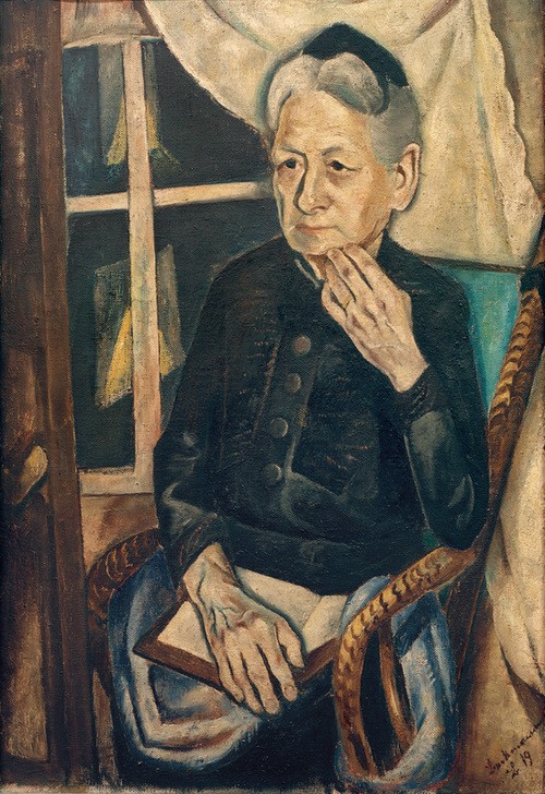 Max Beckmann, Bildnis Frau Tube (Portrait, Frau, Alte,  Fenster,   Lehnstuhl, Vorhang, Buch, Expressionismus, Klassische Moderne, Malerei, Wohnzimmer, Treppenhaus, Wunschgröße, bunt)