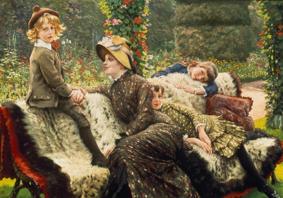 James Tissot (Jacques-Joseph), Le Banc de Jardin (Damenmode,Familie,Geschwister,Kindermode,Kind,Mensch,Mode,Mutter Und Kind,Bank (Sitzgelegenheit),Salonmalerei,Bürgertum,Französische Kunst,Glück,Menschen Im Garten,Kinderleben,Frauenleben,Rekordpreis)