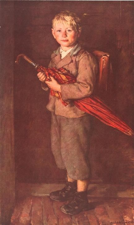 Hans Schachinger, Schulbub (Kind, bub, Junge, Schulkind, Schuljunge, Ranzen, Dorfkind, Regenschirm, keck, forsch, Ganzkörperportrait, Naturalismus, Klassische Moderne, Wunschgröße)