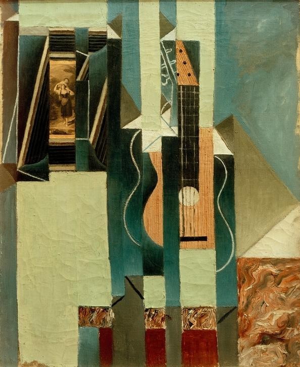 Juan Gris, Die Gitarre (Gitarre, Instrument, Fotografie, Farbfelder, abstrakte Malerei, Streifen, Kubismus,  Klassische Moderne, Malerei, Wohnzimmer, Wunschgröße, bunt)