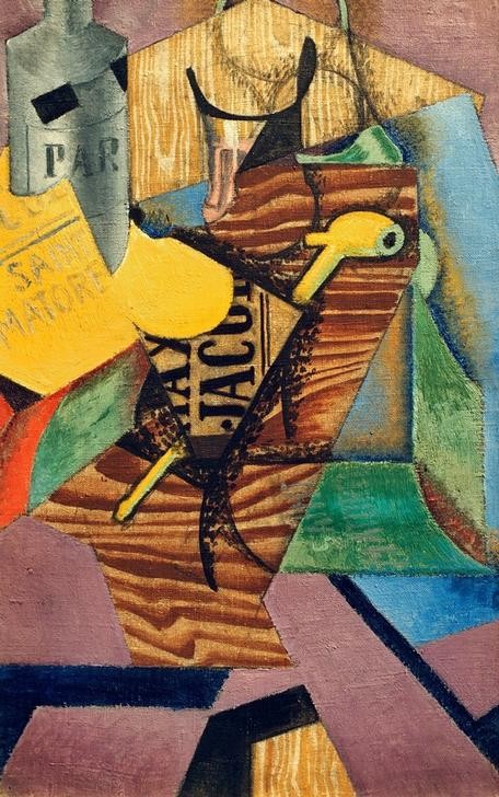 Juan Gris, Stilleben mit Buch (Saint Matorel) (Buch, Tabak, Pfeife, Stillleben, geometrische Muster, Flasche, Kubismus,  Klassische Moderne, Malerei, Wohnzimmer, Wunschgröße, bunt)