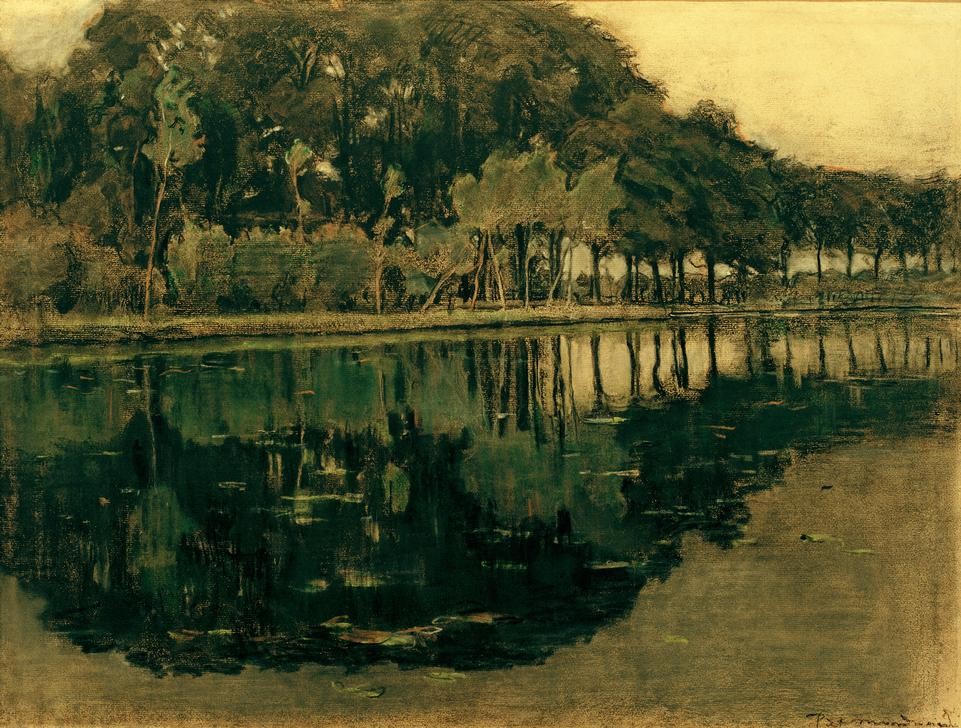 Piet Mondrian, Geinrust Farm with High Horizon (Gewässer,Landschaft,Fluss,Spiegelung,Baum,Niederländische Kunst,Düster)