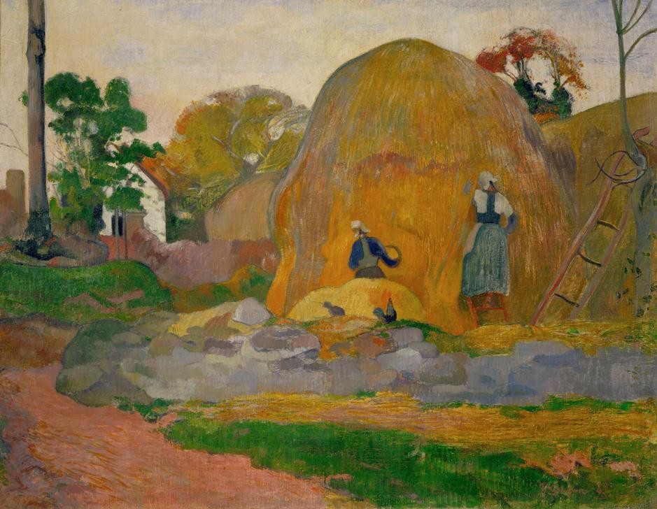 Paul Gauguin, Les meules jaunes ou La moisson blonde (Bauer (Landwirt),Ernte,Jahreszeiten,Landschaft,Sommer,Volkskunde,Heu,Französische Kunst,Dreschen,Heuschober,Synthetismus,Schule Von Pont-Aven,Land Und Leute,Landwirtschaft)