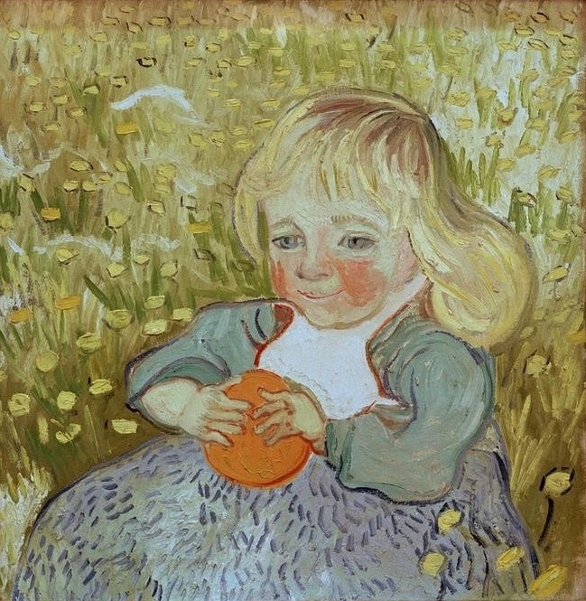 Vincent van Gogh, L’Enfant a l’orange (Dorfkind,Kind,Mädchen,Mensch,Obst,Kleinkind,Wiese,Niederländische Kunst,Blonde Haare,Rote Backen,Apfelsine)