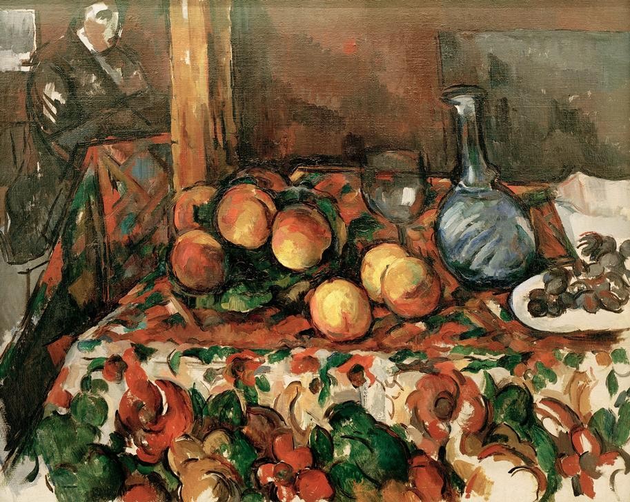 Paul Cézanne, Pêches, carafe et personnage (Kunst,Obst,Impressionismus,Stillleben,Pfirsich,Französische Kunst,Karaffe)