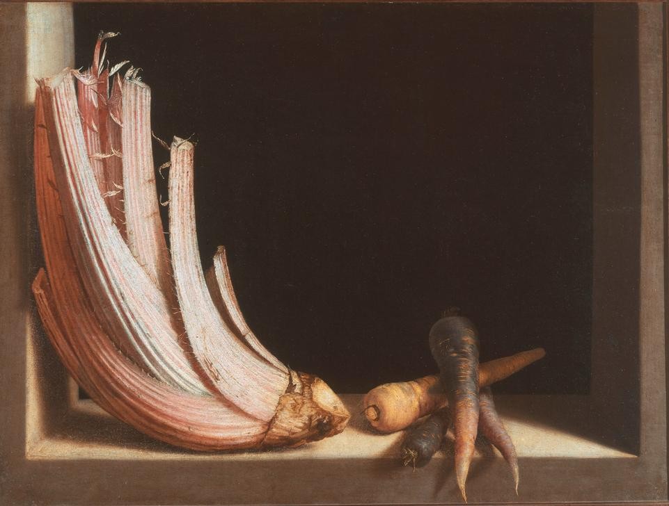 Juan Sanchez Cotan, Gemüsestilleben (Distel,Gemüse,Kunst,Vegetarismus,Barock,Nahrungsmittel,Stillleben,Caravaggisten,Trompe L'oeil,Spanische Kunst,Mohrrübe,Rettich (Botanik),Artischocke,Kardenartischocke)