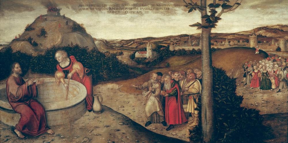 Lucas Cranach der Ältere, Christus und die Samariterin am Jakobsbrunnen (Christentum, Religion, Brunnen, Samariterin, Neues Testament, Bibel, Klassiker, Renaissance, Wunschgröße, Wohnzimmer,)