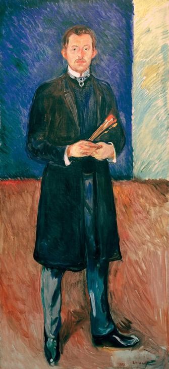 Edvard Munch, Selbstbildnis mit Pinseln (Grafiker,Jugendstil,Künstler,Kunst,Maler (Künstler),Mann,Selbstbildnis,Portrait,Expressionismus,Norwegische Kunst,Pinsel,Skandinavische Kunst,Person)