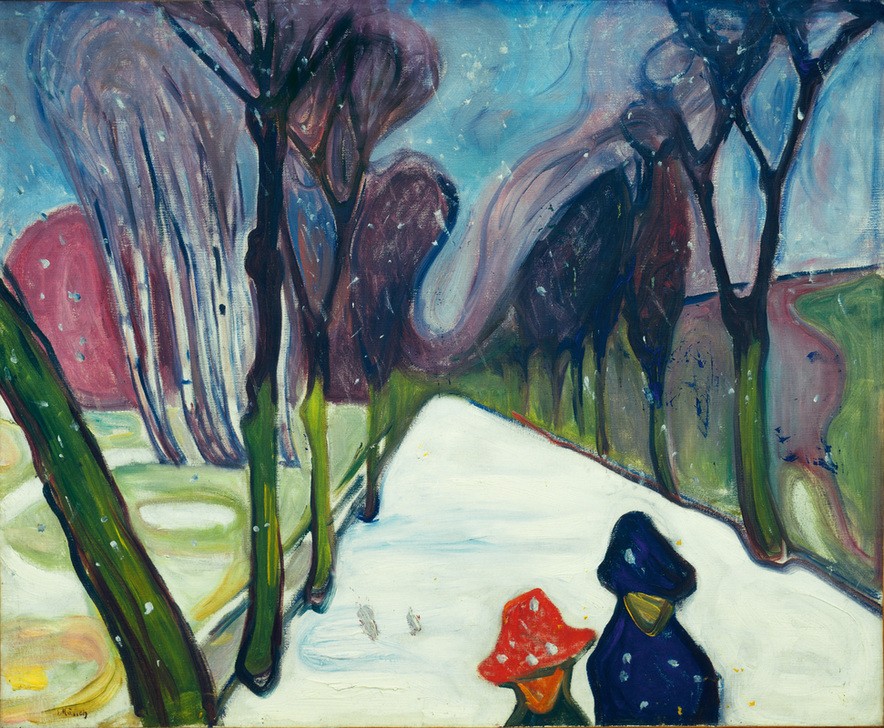 Edvard Munch, Allee im Schneegestöber (Allee,Jahreszeiten,Landschaft,Meteorologie,Winter,Schnee,Expressionismus,Norwegische Kunst,Fussgänger)