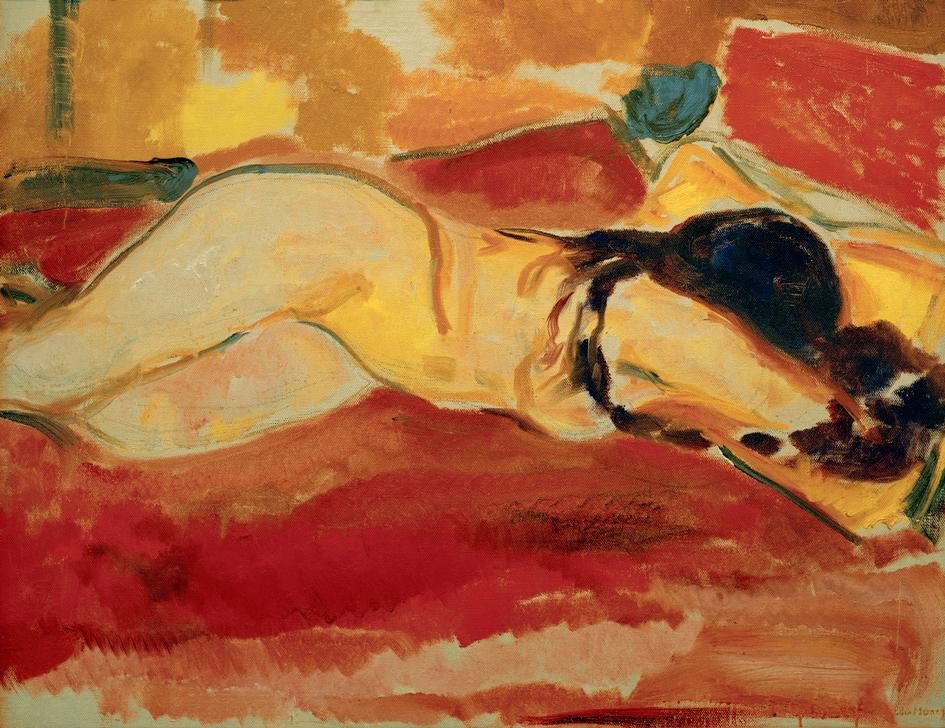 Edvard Munch, Liegender Akt (Frau,Kunst,Mensch,Akt,Expressionismus,Norwegische Kunst,Liegen,Skandinavische Kunst,Kniestück,Signatur)