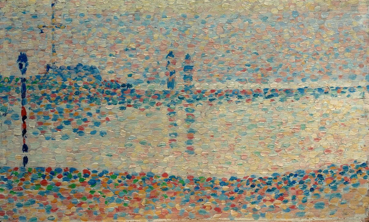 Georges Seurat, Le Port de Gravelines (Der Hafen von Gravelines / Studie) (Kanal, Küste, Landschaft,  Sonnenuntergang, Abendstimmung, Meer, Anker, Hafen, Klassische Moderne, Pointillismus, Wunschgröße, Wohnzimmer, Malerei, bunt)