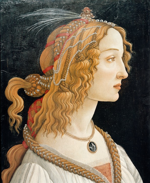 Sandro Botticelli, Weibliches Idealbildnis (Simonetta Vespucci als Nymphe) (Portrait, Profil, Simonetta Vespucci, idealisiert, Schönheit, Flechtfrisur, Haarschmuck, Renaissance, Klassiker, Schlafzimmer, Wohnzimmer, Wunschgröße, bunt)
