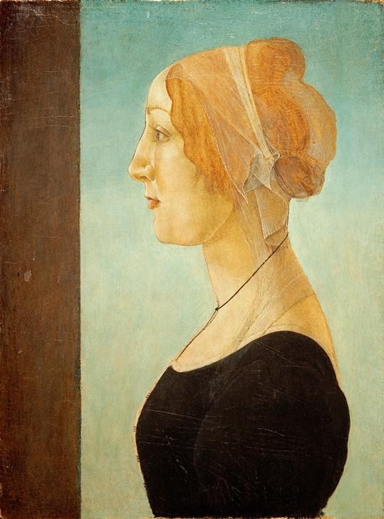 Sandro Botticelli, Bildnis einer Frau (Portrait, Profil, Adelige,  Renaissance, Italien, Frau, Haube, Klassiker, People & Eros, Malerei, Wunschgröße, Wohnzimmer, bunt)